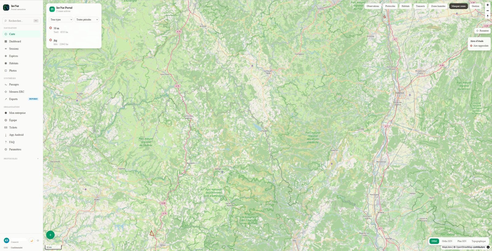 Portail InvNat — carte interactive d'un projet avec zones d'étude et navigation
